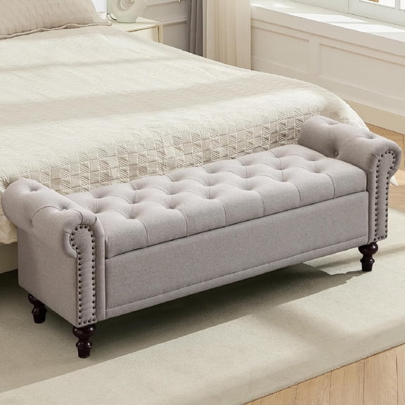 58'' Upholstered Storage Bench for Bedroom, Linen End of Bed Storage Ottoman Benches Large, Button Tufted Ottomans with Storage for Living Room/Entry Way/Closet, Light Brown