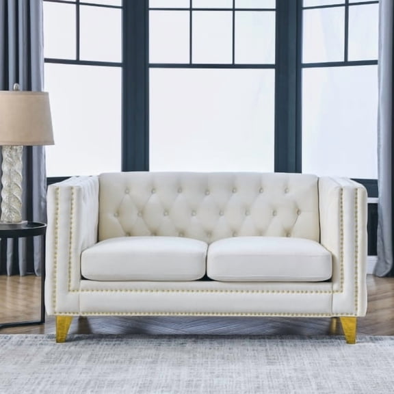 58" Velvet Upholstered Loveseat Sofa, Small Loveseat with Button Tufted, Traditional Sofa with Solid Wood Frame for Living Room Office, Beige