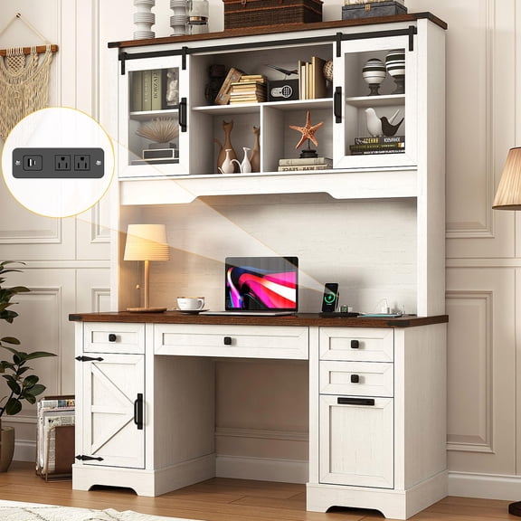 58"W 76"H Large Executive Desk with Hutch and File Cabinet Drawers, Farmhouse Desk with Charging Station, Wood Computer Desk for Home Office