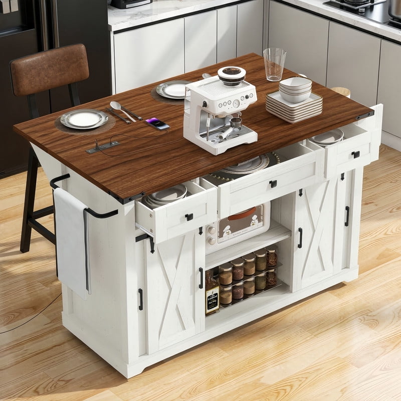 58"W Kitchen Island Cabinet with Sliding Barn Doors & Charge Station, Kitchen Storage Cart with Spice Rack, Glass Holders & Drop Leaf