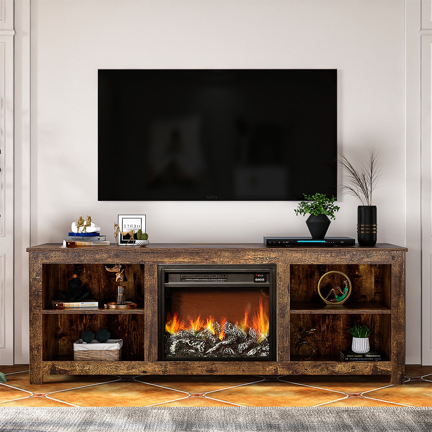 58''W TV Console Table, Fireplace TV Stand for TVs up to 55 Inch,  Entertainment Center with Electric Fireplace 2-in-1 Design TV Console Table  with 4 Storage Cubby, Remote Control and Heater Function -