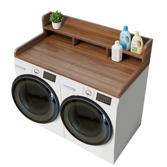 58" Washer Dryer Countertop Topper, Walnut MDF Laundry Station with Raised Edge & Divider, Waterproof Laundry Storage Organizer