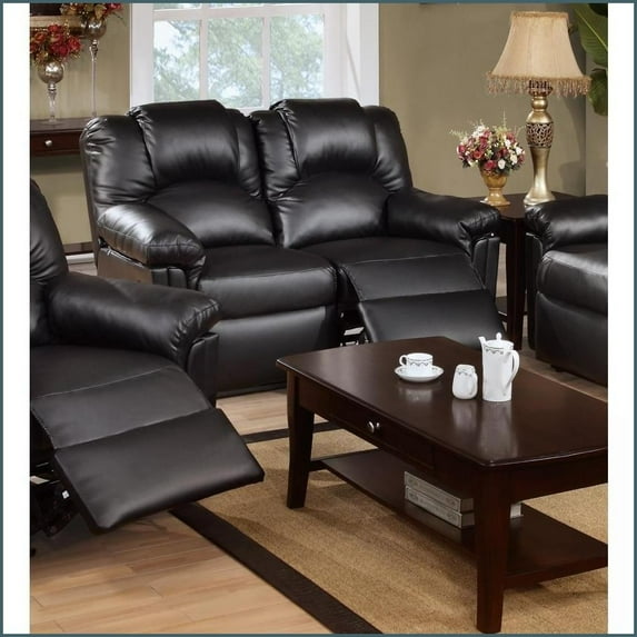 58” Wide Contemporary Motion Loveseat – Black Bonded Leather Living Room Recliner | Black | Bonded Leather | Metal