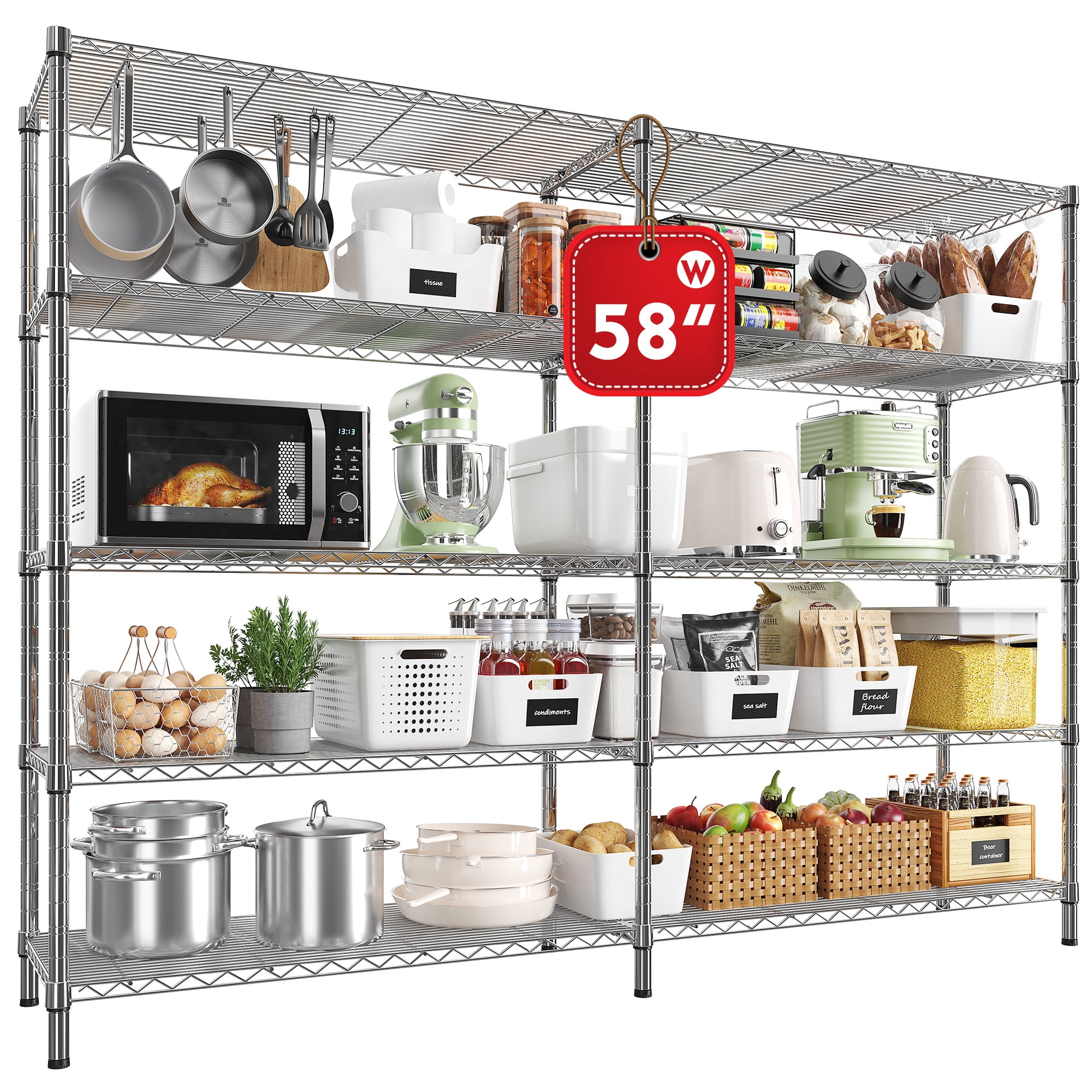 Chrome 58" Wide 5-Tier Wire Shelving Rack