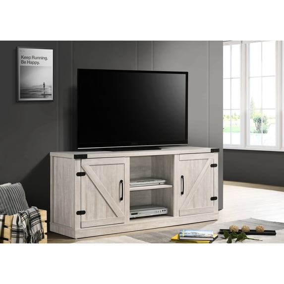 TV Stand with 2 Barn Cabinets & Open Shelves | 58" Wide, Cable Control
