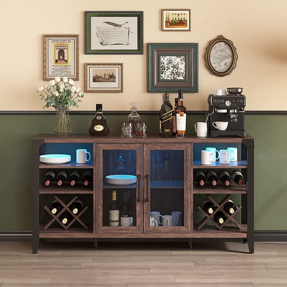 58" Wine Bar with Wine Rack Storage,Alcohol Cabinet with LED Strip, Liquor Cabinet Bar for Home Dining Room, Sideboard Buffet with Storage