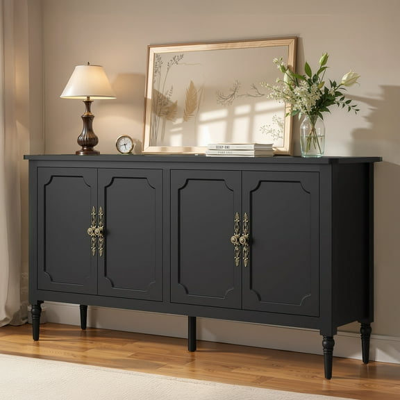 May in Color 58" Wood Buffet Cabinet, Mid-Century Modern Console Cabinet, with 4 Door & Media Storage, for Entryway, Living Room, Dining Room, Bedroom, Black