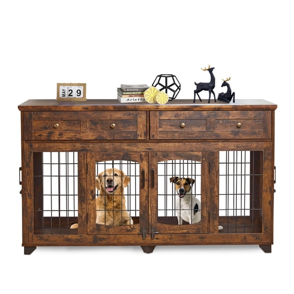 47" Heavy-Duty Dog Crate Furniture with 2 Drawers & 4 Shelves – Wooden ...
