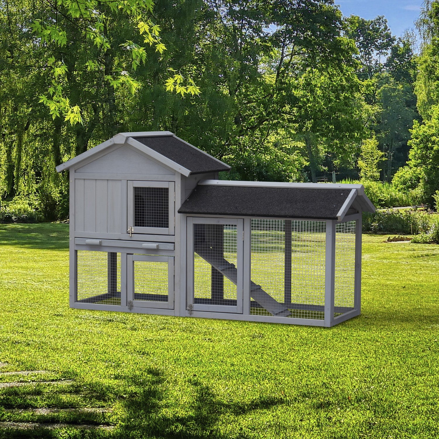 58'' Wooden Rabbit Hutch Large Chicken Coop Weatherproof Indoor Outdoor Use Gray