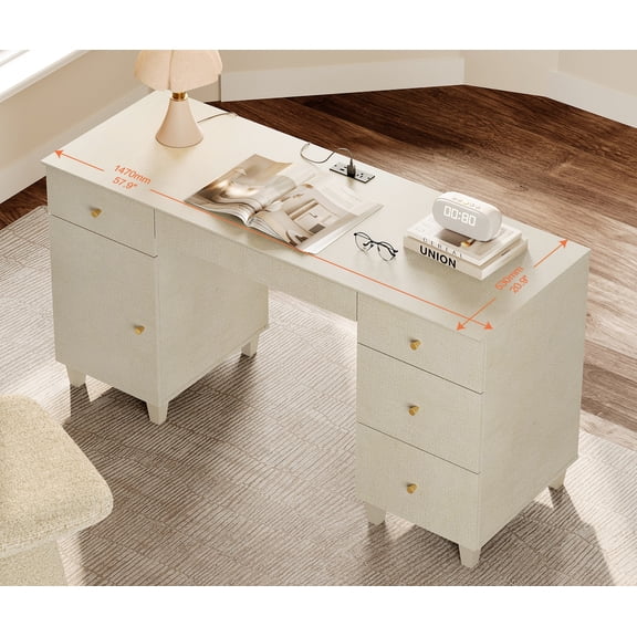 58" Wooden Vanity Desk with Drawers and Storage Cabinet, Modern Makeup Dressing Table with Charging Station for Girls, Vanity Table for Makeup Room, Beige Linen Printed