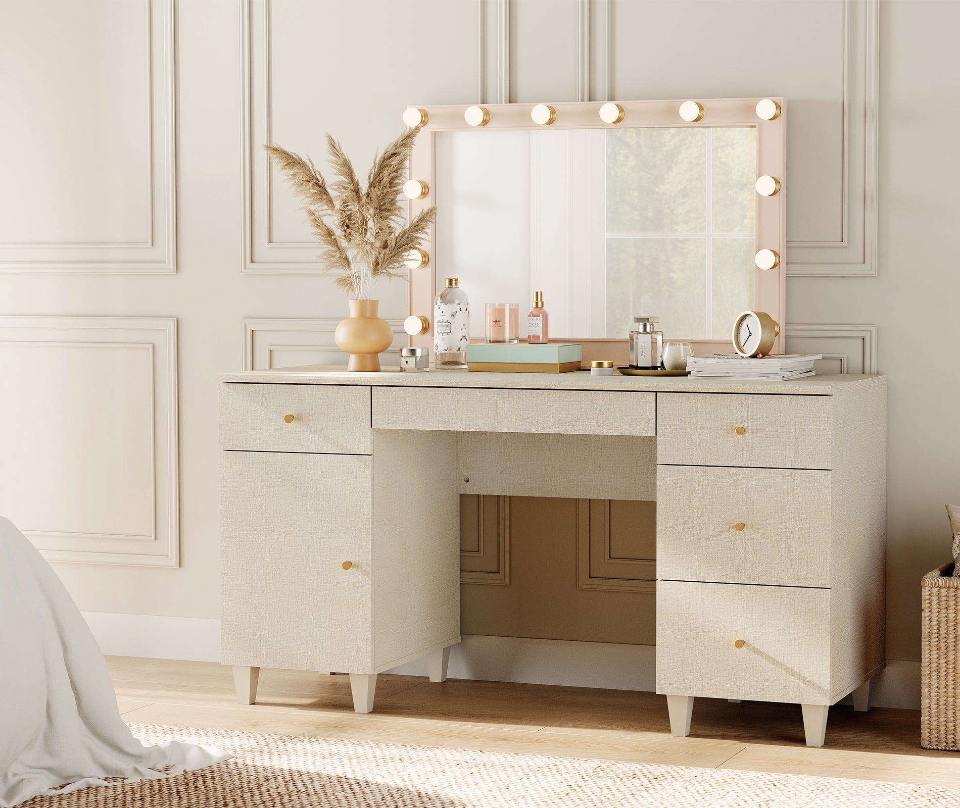 58" Wooden Vanity Desk with Drawers and Cabinet, Modern Makeup Charging Table with Storage for Bedroom, Beige