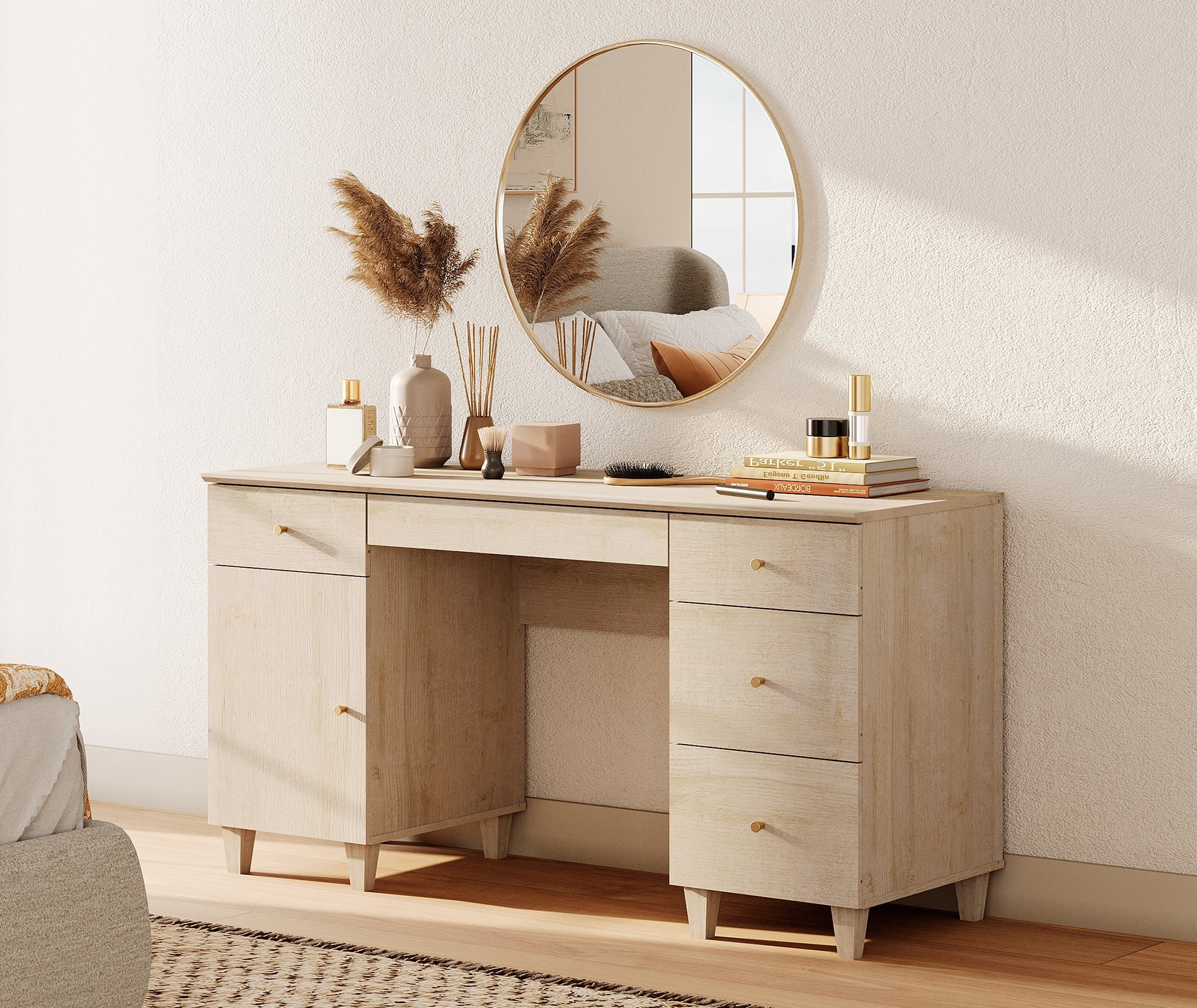 58" Wooden Vanity Desk with Drawers and Cabinet, Modern Makeup Charging Table with Storage for Bedroom, Light Oak