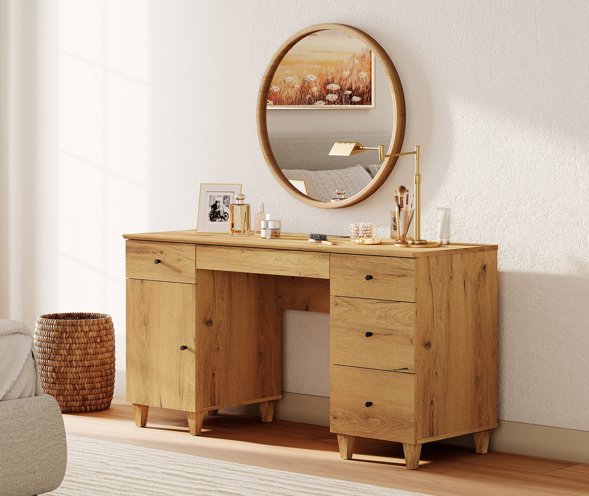 58" Wooden Vanity Desk with Drawers and Cabinet, Modern Makeup Charging Table with Storage for Bedroom, Oak Brown
