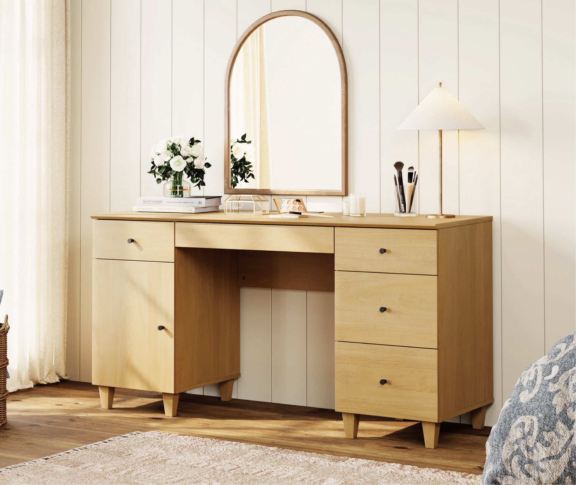 58" Wooden Vanity Desk with Drawers and Cabinet, Modern Makeup Charging Table with Storage for Bedroom, Oak