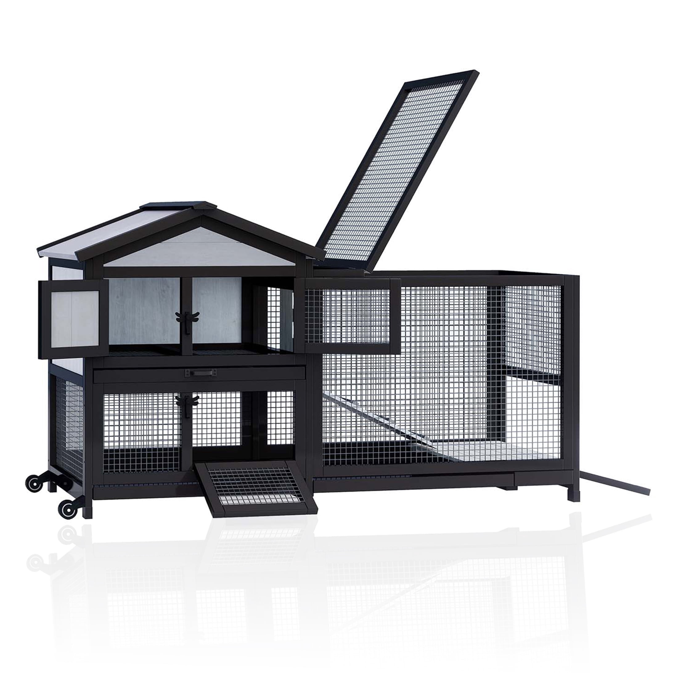 58"Chicken Coop Hamster Rabbit Guinea Pig Cages Indoor/Outdoor Dual-Use Bunny/Ferret Hutch Small Animal House Black Frame with Waterproof Canopy