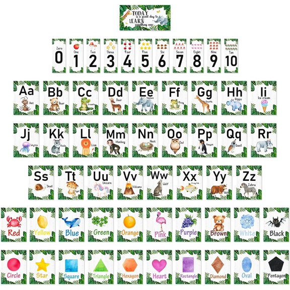 58 count Eucalyptus Alphabet Number Bulletin Board Set ABC Letters Colors Shapes Educational Cards Early Learning Manuscript Alphabet Poster for Wall Classroom Decor