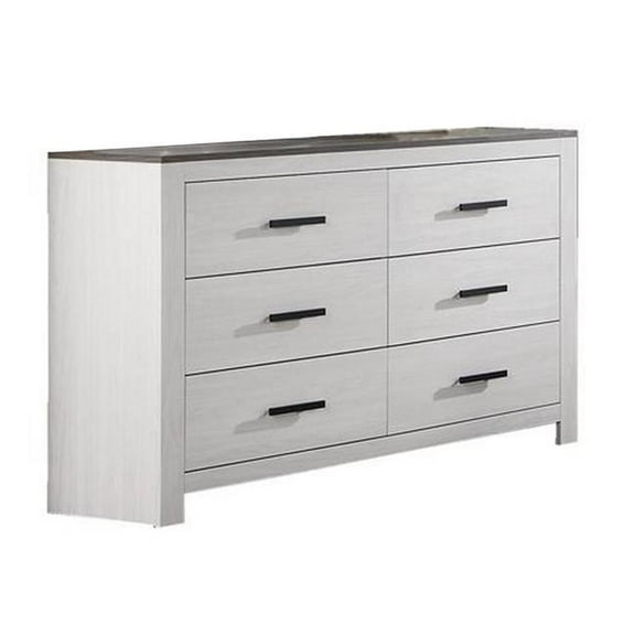 58 in. Kopa Wide Dresser with 6 Drawers, Handles, Wood, White, Black & Gray
