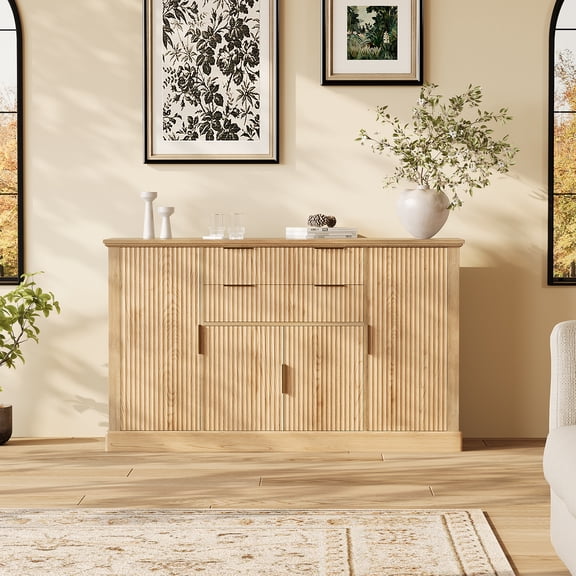 58-inch Fluted Buffet Cabinet with Drawers, Doors & Gold Pulls, Modern Farmhouse Storage Sideboard for Dining Living Room