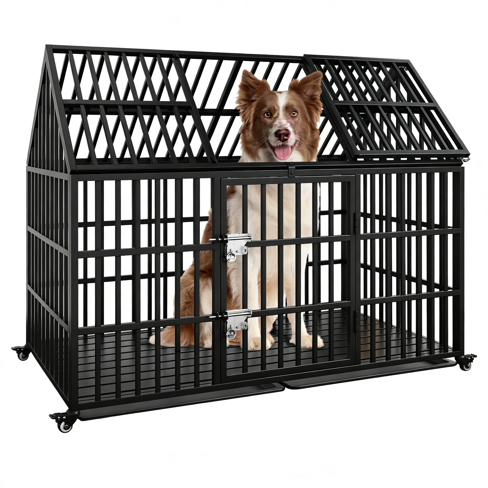 58 inch Heavy Duty Indestructible Dog Crate, Escape Proof Dog Cage Kennel with Lockable Wheels, High Anxiety Double Door, Extra Large Crate Indoor for Large Dog with Removable Tray