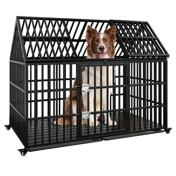 58 inch Heavy Duty Indestructible Dog Crate, Escape Proof Dog Cage Kennel with Lockable Wheels, High Anxiety Double Door, Extra Large Crate Indoor for Large Dog with Removable Tray