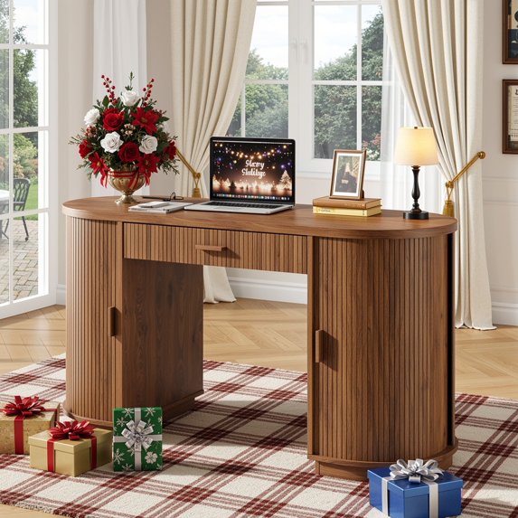 58 inch Home Office Desk with Charging Station, Fluted Executive Computer Desk with Drawers and Storage Cabinet, Large Wood Writing Table for Study, Living Room, Bedroom Workstation,Elegant Walnut