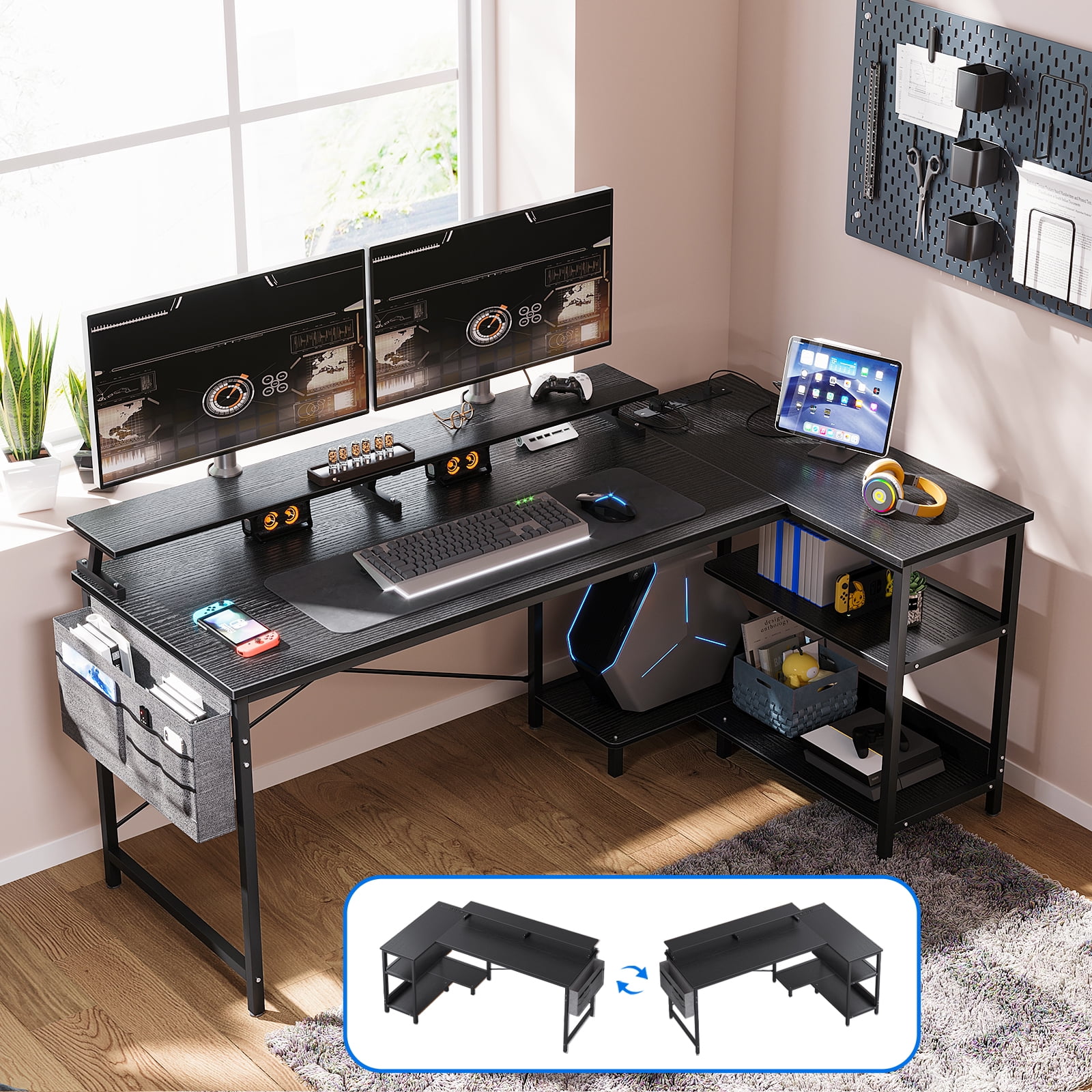 58 inch Reversible L Shaped Gaming Desk with USB Charging Port