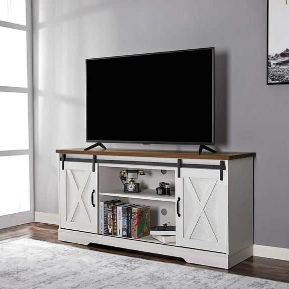 58 inch Wood Sliding Barn Door TV Stand, Media Center Console Table TV Cabinet with Removable Shelf, White