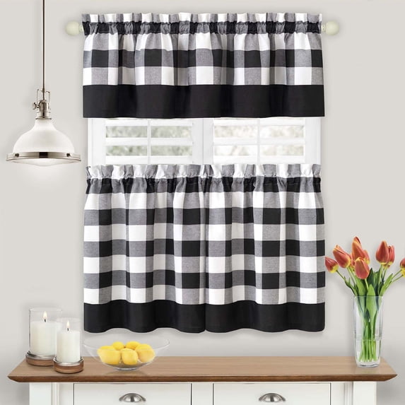 Hunter Black Plaid Modern Window Curtain Panels : 58" X 14" Valance - Single