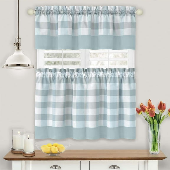 Hunter Ice Blue Plaid Modern Window Curtain Panels : 58" X 14" Valance - Single