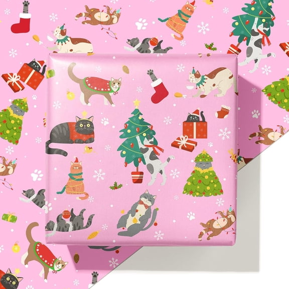 58"x 23" inchs Cat Christmas Wrapping Paper - Pink Xmas Gift Wrap with Festive Cats, Holiday Trees and Snowflakes Design - Perfect for Cat Lovers, Kids & Adults Gift Wrapping