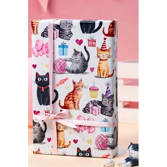 58"x 23" inchs Cat Wrapping Paper Roll, Happy Birthday Wrapping Paper, Watercolor Cute Cat Kitten Birthday Gift Wrap for Valentine's Day, Mother's Day, Wedding, Baby Shower