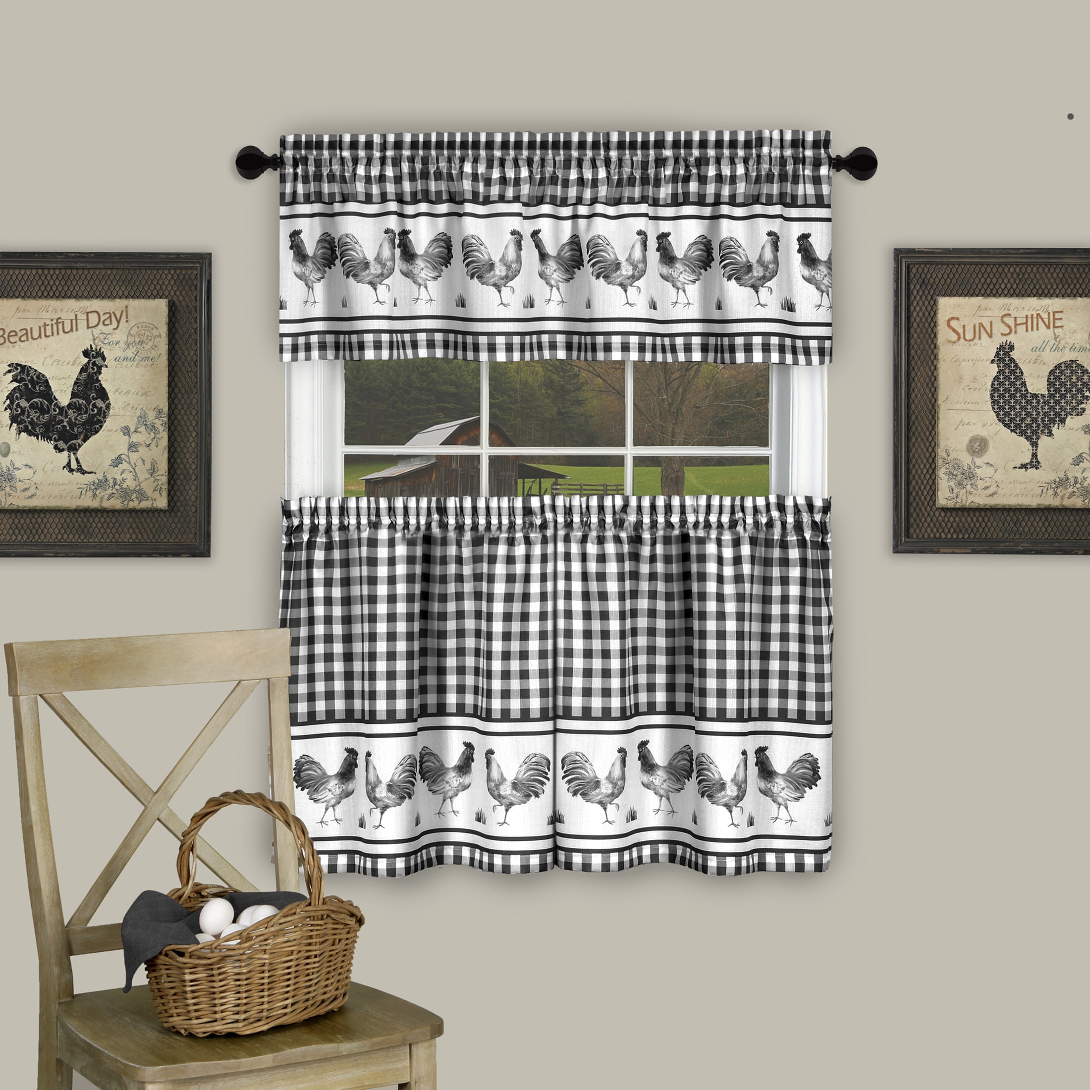 Black Gingham Rooster Print Kitchen Curtain Set, 58 x 24