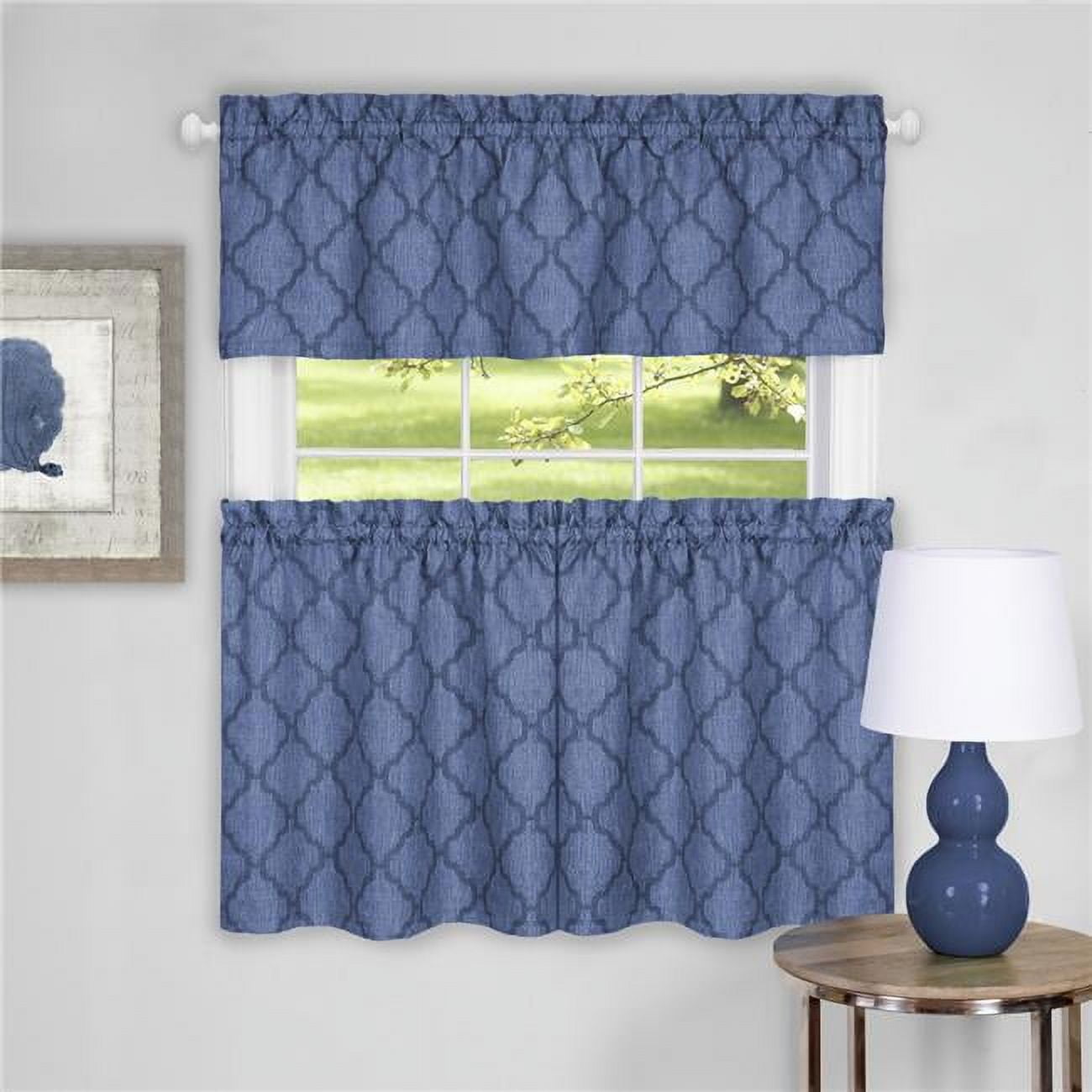 Blue Trellis Design Rod Pocket Tier Curtains and Valance Set