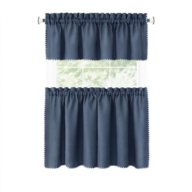 Blue Polyester Light-Filtering Rod Pocket Kitchen Curtain Set