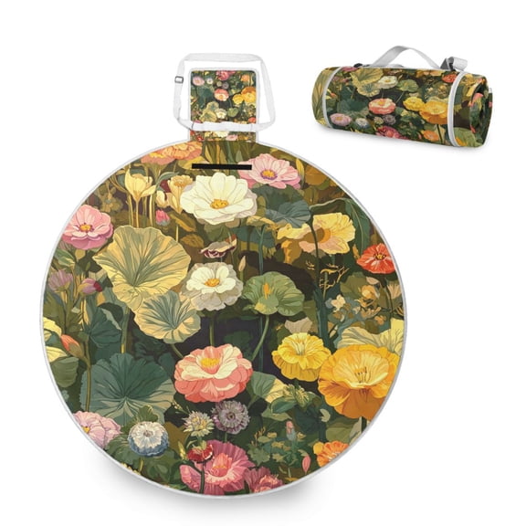 58 x 58 Inch Round Picnic Mat, Waterproof Sandproof Foldable Compact Beach Blanket for Grass, Park, Outdoor Camping Lotus Leaf