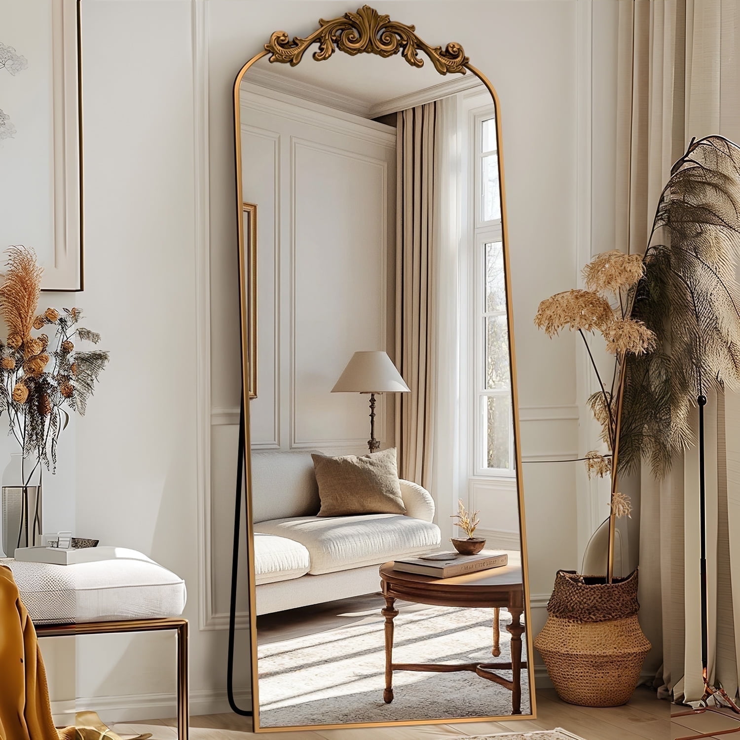 58 x18 Vintage Arched Full Length Mirror with Carved Metal Frame Baroque Style Floor Mirror Gold