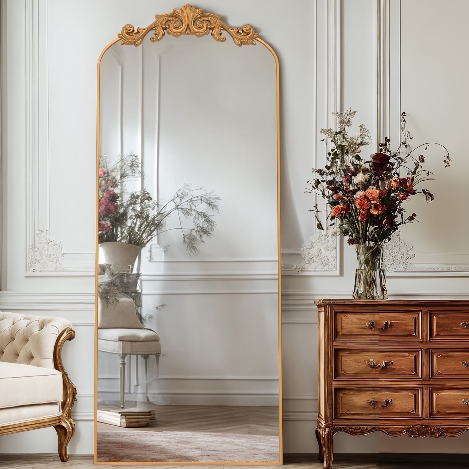 58 x18 Vintage Arched Full Length Mirror with Carved Metal Frame Baroque Style Floor Mirror Gold