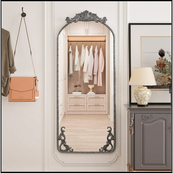 58"x24" Arched Full Body Mirror with Vintage Ornate Carved Applique on Top and Bottom, Hanging Wall Mounted Mirror, for Living Room Bedroom Retro Home Decor Mirror