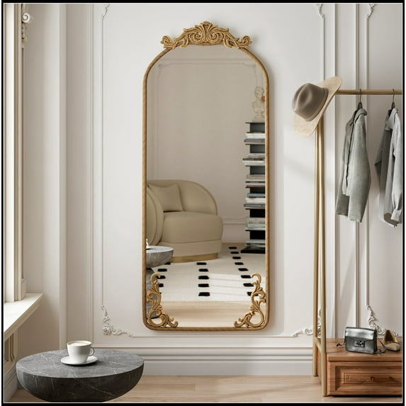 58"x24" Arched Full Body Mirror with Vintage Ornate Carved Applique on Top and Bottom, Hanging Wall Mounted Mirror, for Living Room Bedroom Retro Home Decor Mirror