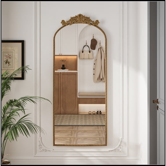 58"x24" Arched Full Body Mirror with Vintage Ornate Carved Applique on Top, Hanging Wall Mounted Mirror, for Living Room Bedroom Retro Home Decor Mirror