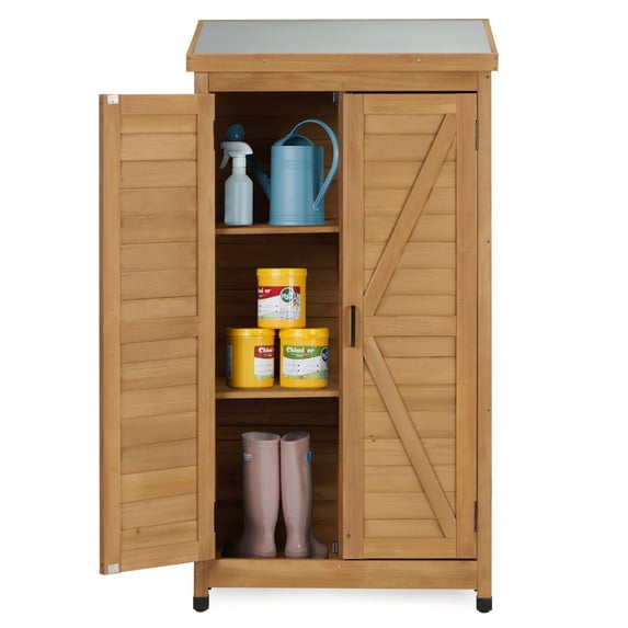 58''x30''x18'' Outdoor Wooden Storage Shed with Metal Top Tall Vertical Tool Cabinet for Backyard Garden Patio Lawn