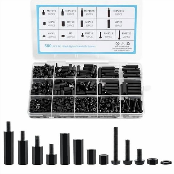 580 PCS M3 Black Nylon Standoff Kit with Spacers, Screws, and Nuts - Motherboard & PCB Mounting Standoffs and Screws, Threaded Pillar Spacers for Circuit Boards and Computer Building$$