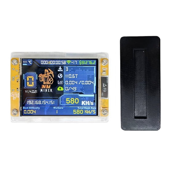 580KH/S Crypto Miner with 2.8 Inch Smart Display, Includes Case, Data Cable, and Stand Base