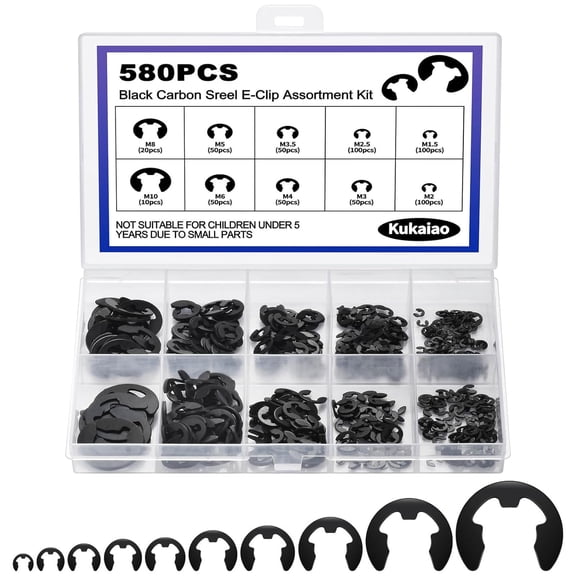 580PCS Black Carbon Steel E-Clip Kit,10 Sizes External Retaining Rings(M1.5-M10) for Bearings, Gears, Pulleys and Other Moving Parts