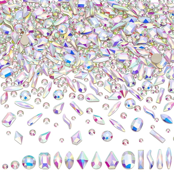 580Pcs 14 Styles Glass Rhinestone Cabochons Flat Back Back Plated Gems Beads Clear AB Color Rhinestones