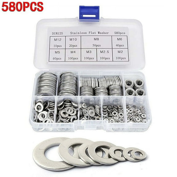 580Pcs 304 Stainless Steel Flat Metal Washers Gasket Set Fastener M2-