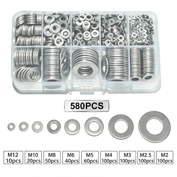 580Pcs Wave Spring Washers Kit, Metric M2-M12 Metal Lock Washers for Screws, 304 Stainless Steel