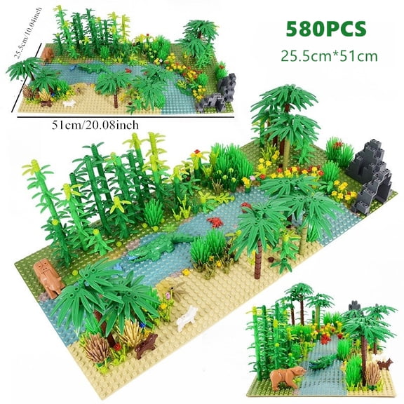 580pcs Jungle Scene Building Blocks Set, Tropical Rainforest DIY Kit with Baseplate, Compatible Bricks for Kids