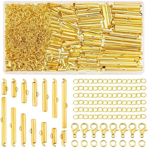 580pcs Tube Slide Clasp Kit Gold Beading Slide Tube Cord Ends with Jump Rings Lobster Claw Clasps Chain Extender Buckle for Bead Loom Multi-Strand Necklace Earring Jewelry Making 7 Size DIYDIY