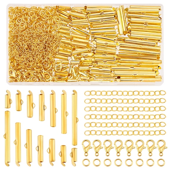 580pcs Tube Slide Clasp Kit Gold Beading Slide Tube Cord Ends with Jump Rings Lobster Claw Clasps Chain Extender Buckle for Bead Loom Multi-Strand